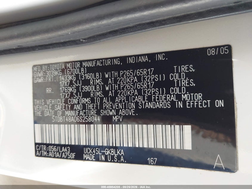 TOYOTA SEQUOIA 2006 VIN 5TDBT48A06S258044