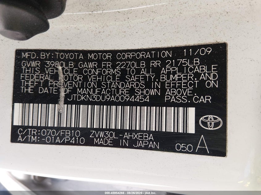 TOYOTA PRIUS 2010 VIN JTDKN3DU9A0094454