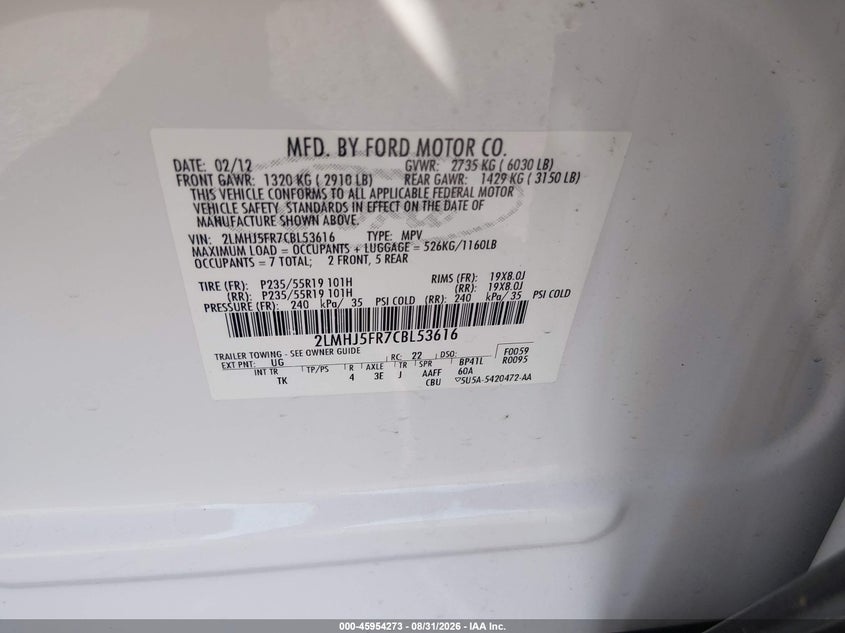 LINCOLN MKT 2012 VIN 2LMHJ5FR7CBL53616