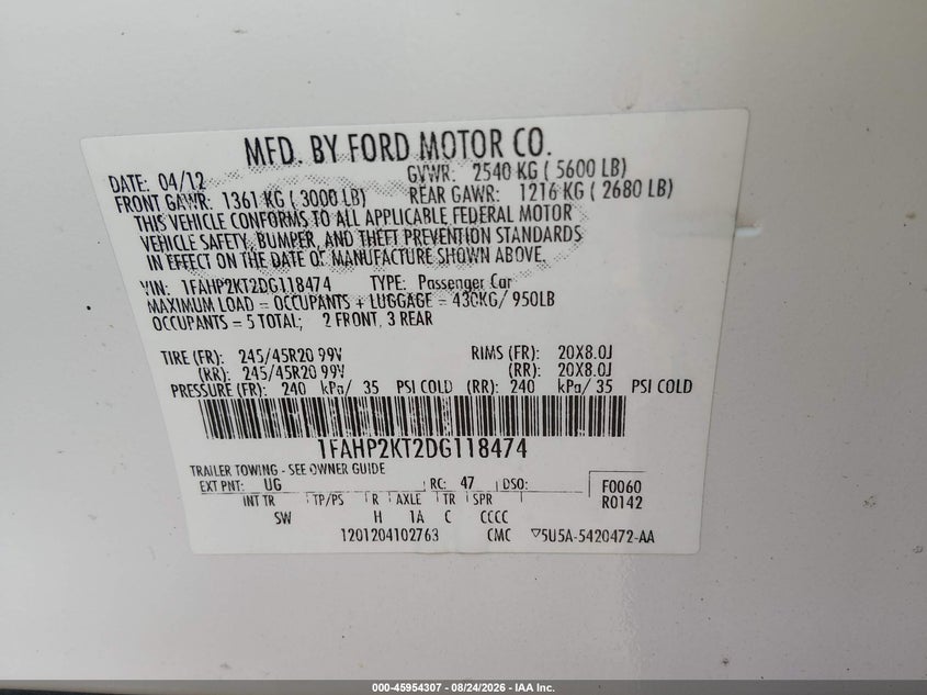 FORD TAURUS 2013 VIN 1FAHP2KT2DG118474
