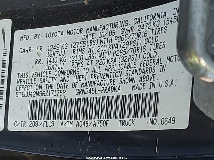 TOYOTA TACOMA 2006 VIN 5TELU42N96Z171758
