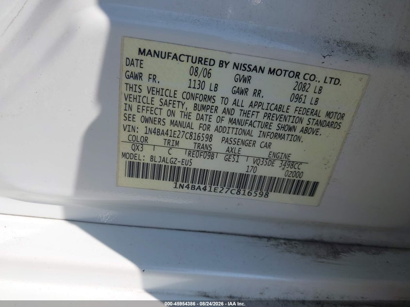 NISSAN MAXIMA 2007 VIN 1N4BA41E27C816598