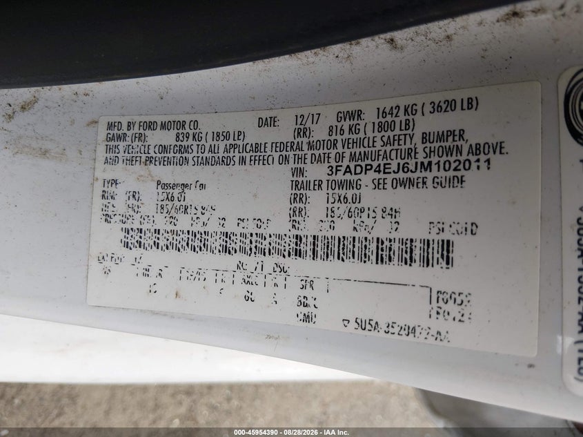 FORD FIESTA 2018 VIN 3FADP4EJ6JM102011
