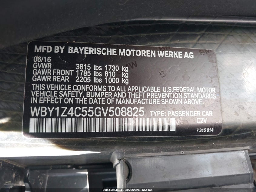 BMW I3 2016 VIN WBY1Z4C55GV508825