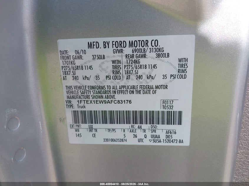 FORD F-150 2010 VIN 1FTEX1EW9AFC83176