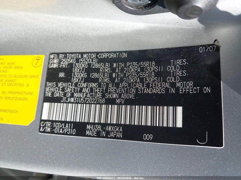 LEXUS RX 400H 2007 VIN JTJHW31U572022768