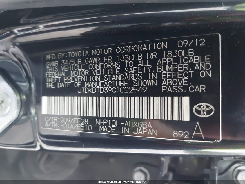 2012 TOYOTA PRIUS C HATCHBACK 1.5L I-4 DOHC, VVT, 73HP