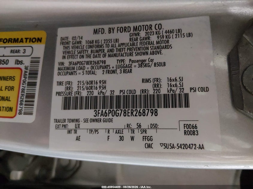 2014 FORD FUSION SEDAN 2.5L I-4 DOHC, VVT, 175HP