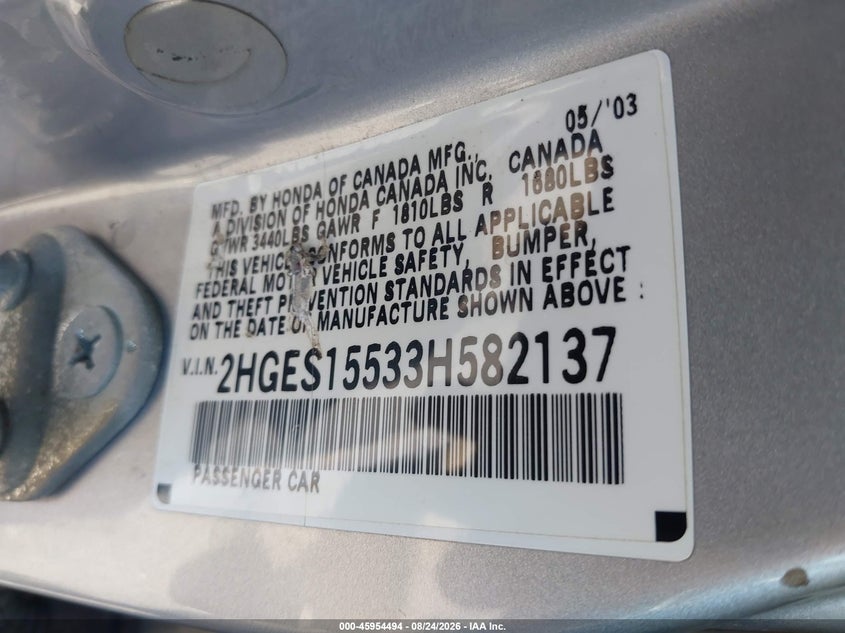 2003 HONDA CIVIC SEDAN 1.7L I-4 REGULAR , 115HP