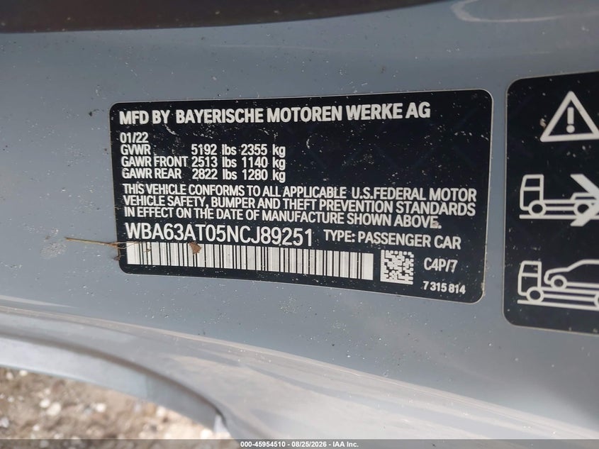 BMW M440I 2022 VIN WBA63AT05NCJ89251