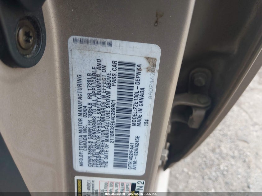 2004 TOYOTA COROLLA SEDAN 1.8L I-4 DOHC, VVT, REGULAR , 130HP