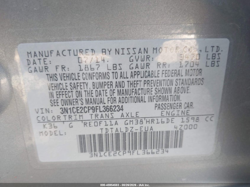 NISSAN VERSA NOTE 2015 VIN 3N1CE2CP9FL366234
