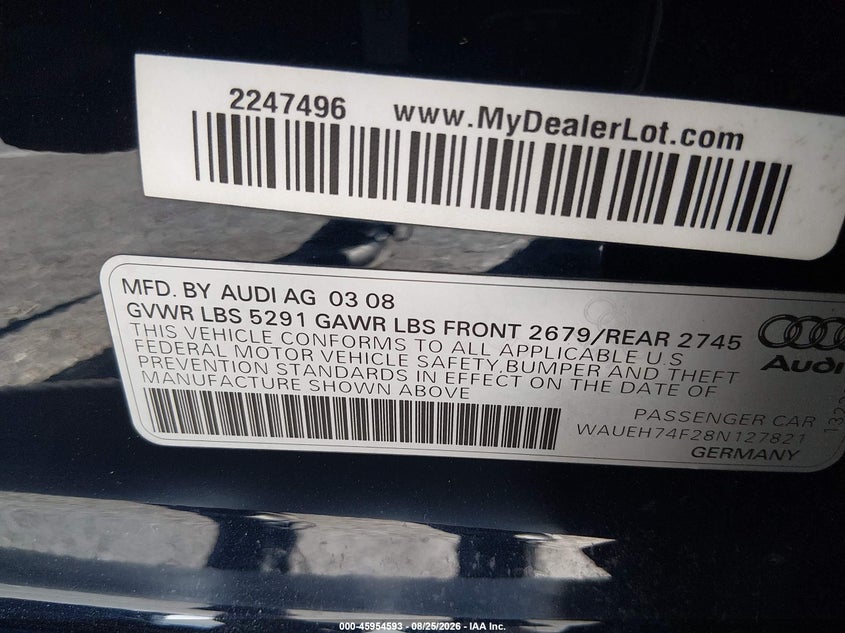 2008 AUDI A6 SEDAN 3.2L V-6 DI, DOHC, VVT, PREMIUM , 255HP