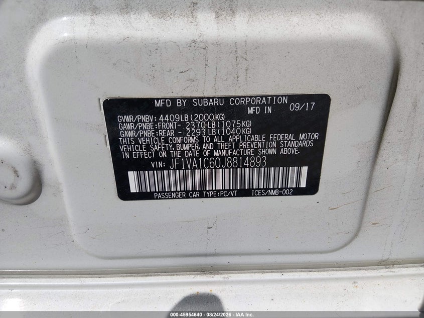 SUBARU WRX 2018 VIN JF1VA1C60J8814893