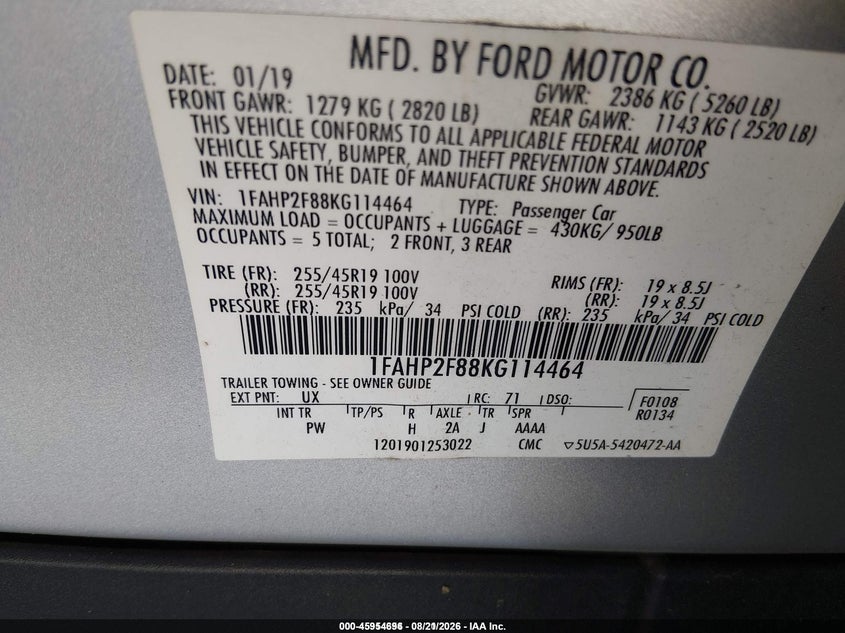 2019 FORD TAURUS SEDAN 3.5L V-6 DOHC, VVT, 288HP