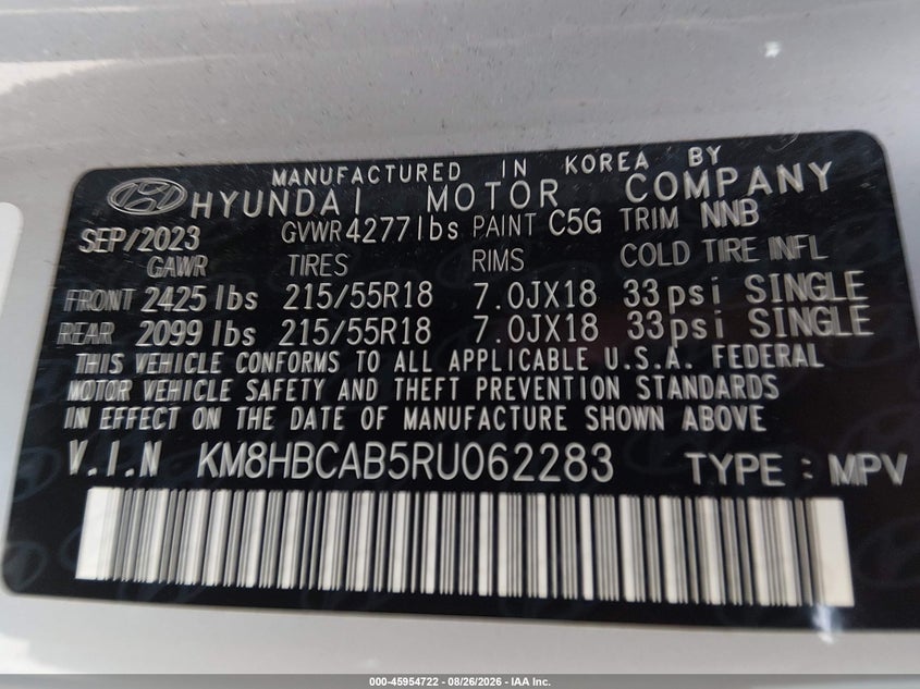 HYUNDAI KONA 2024 VIN KM8HBCAB5RU062283