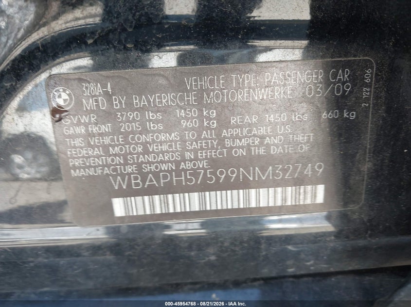 BMW 328I 2009 VIN WBAPH57599NM32749