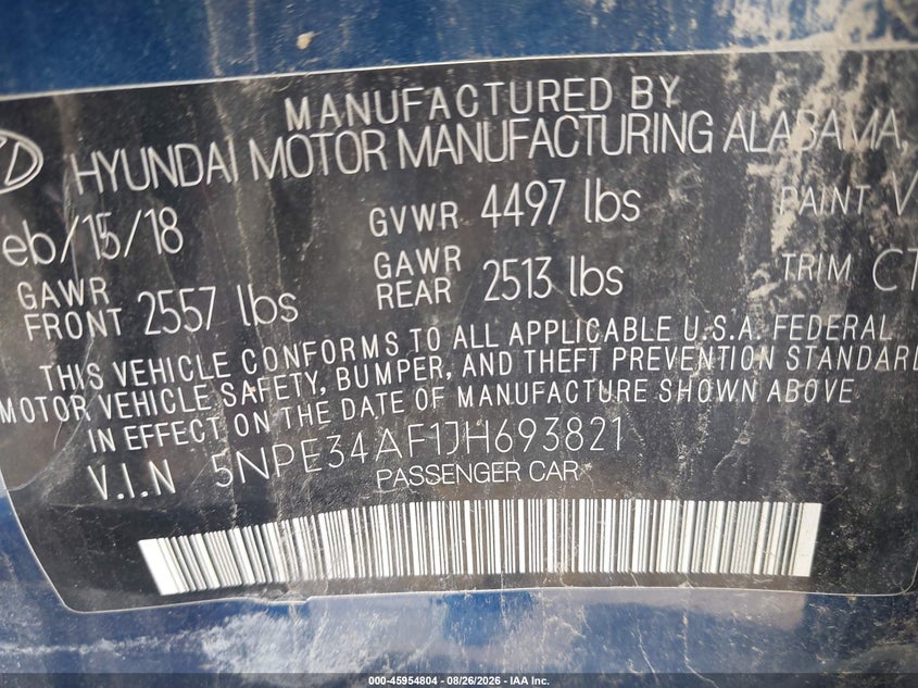 HYUNDAI SONATA 2018 VIN 5NPE34AF1JH693821