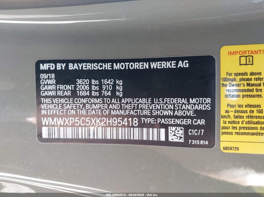 MINI HARDTOP 2019 VIN WMWXP5C5XK2H95418