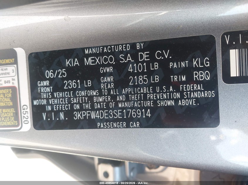 KIA K4 2025 VIN 3KPFW4DE3SE176914