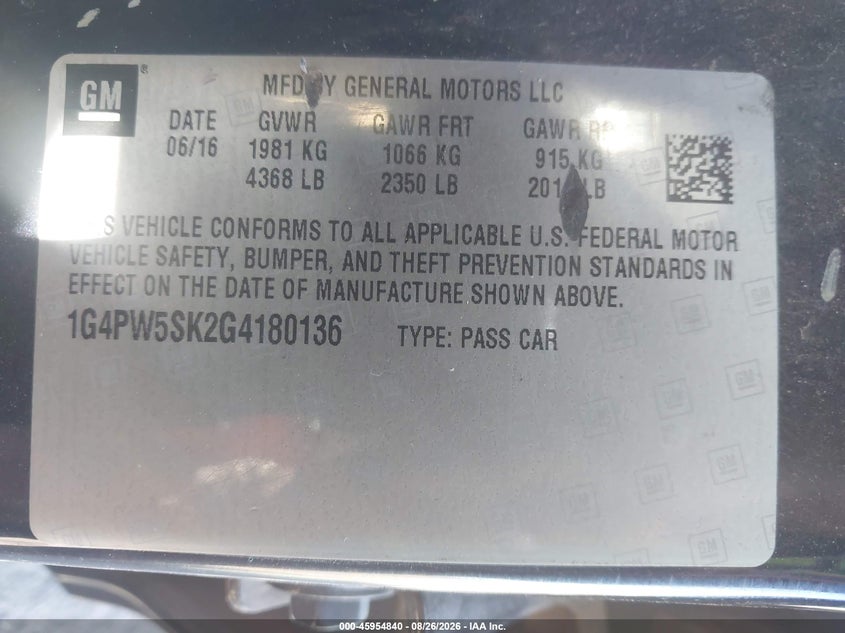BUICK VERANO 2016 VIN 1G4PW5SK2G4180136