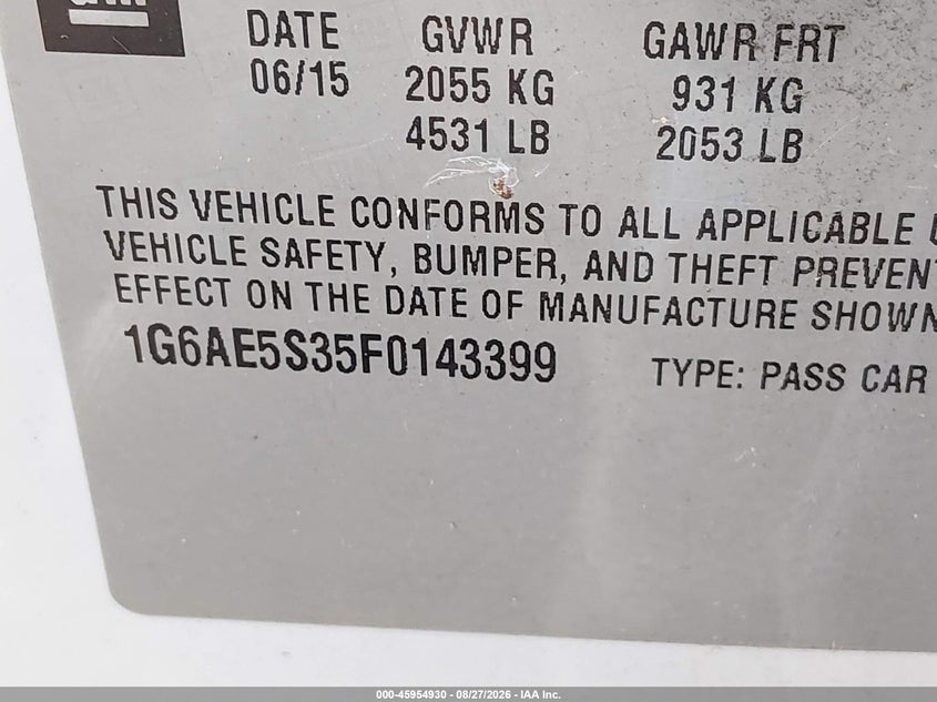 CADILLAC ATS 2015 VIN 1G6AE5S35F0143399