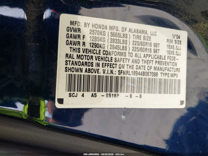 2004 HONDA ODYSSEY VAN 3.5L V-6 VVT, REGULAR , 240HP