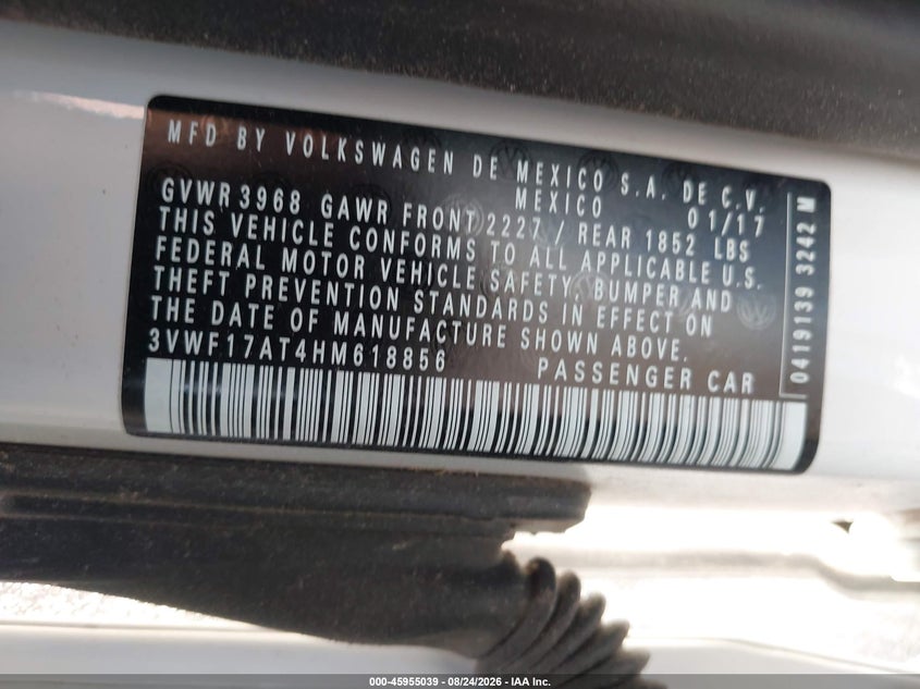 VOLKSWAGEN BEETLE 2017 VIN 3VWF17AT4HM618856