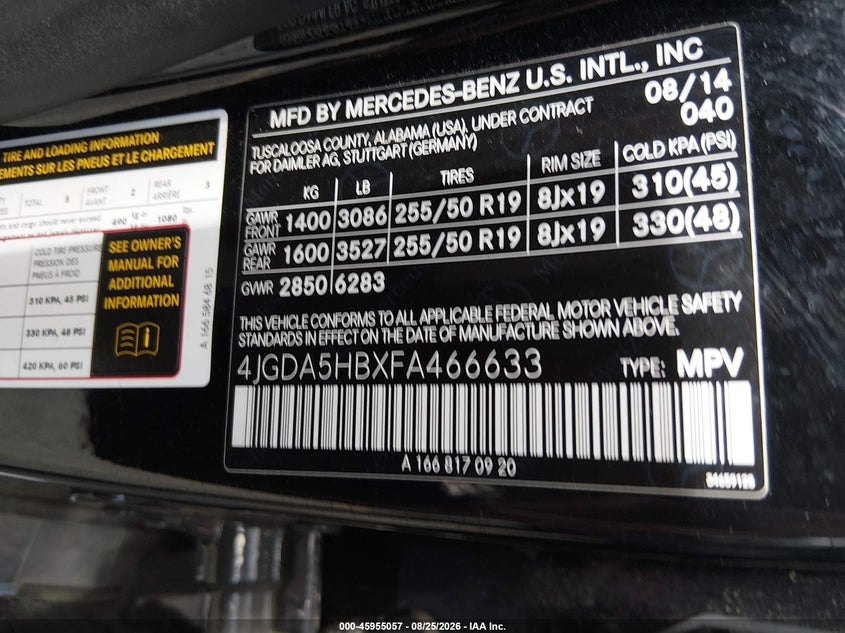 MERCEDES-BENZ ML 350 2015 VIN 4JGDA5HBXFA466633