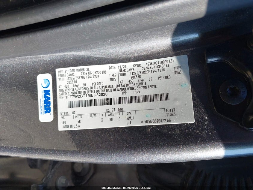 FORD F-250 2021 VIN 1FT7W2BT1MEC32020