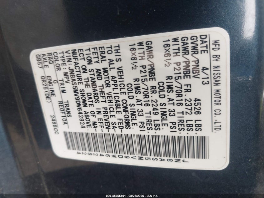 NISSAN ROGUE 2013 VIN JN8AS5MV9DW642824