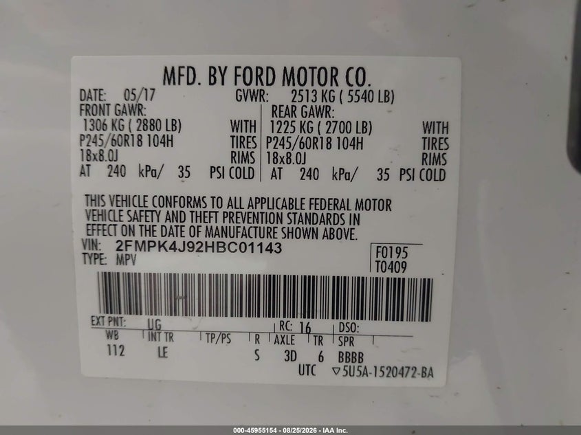 2017 FORD EDGE SPORT UTILITY VEHICLE 2.0L I-4 DI, DOHC, VVT, TURBO, 245HP