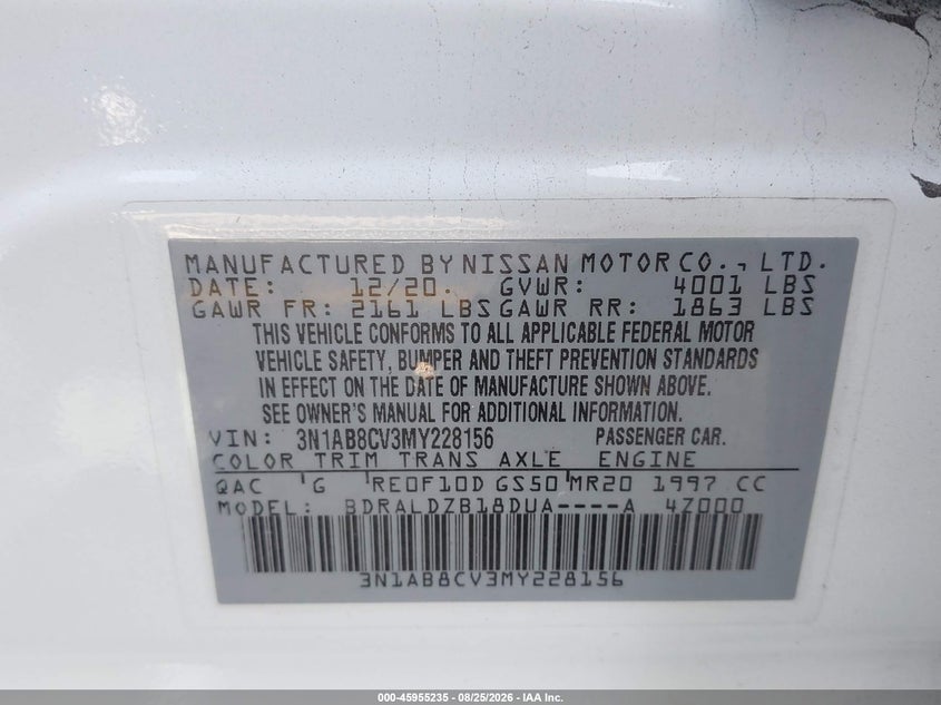 NISSAN SENTRA 2021 VIN 3N1AB8CV3MY228156