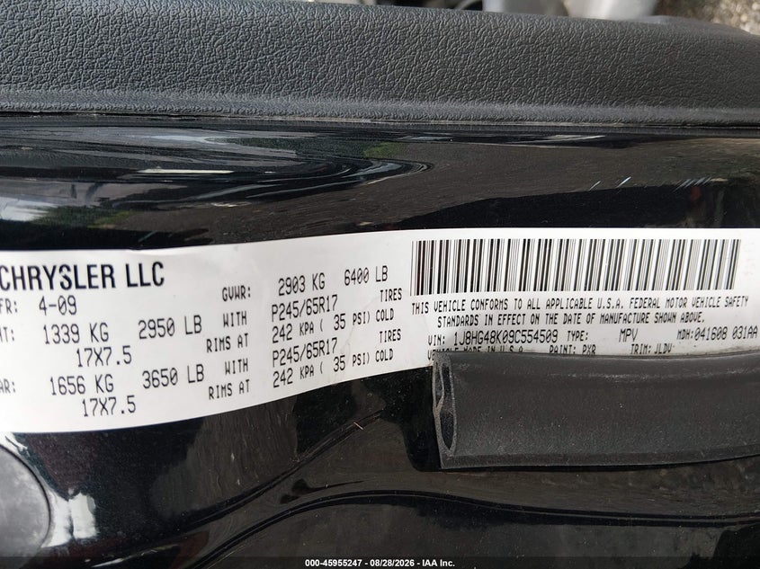JEEP COMMANDER 2009 VIN 1J8HG48K09C554509