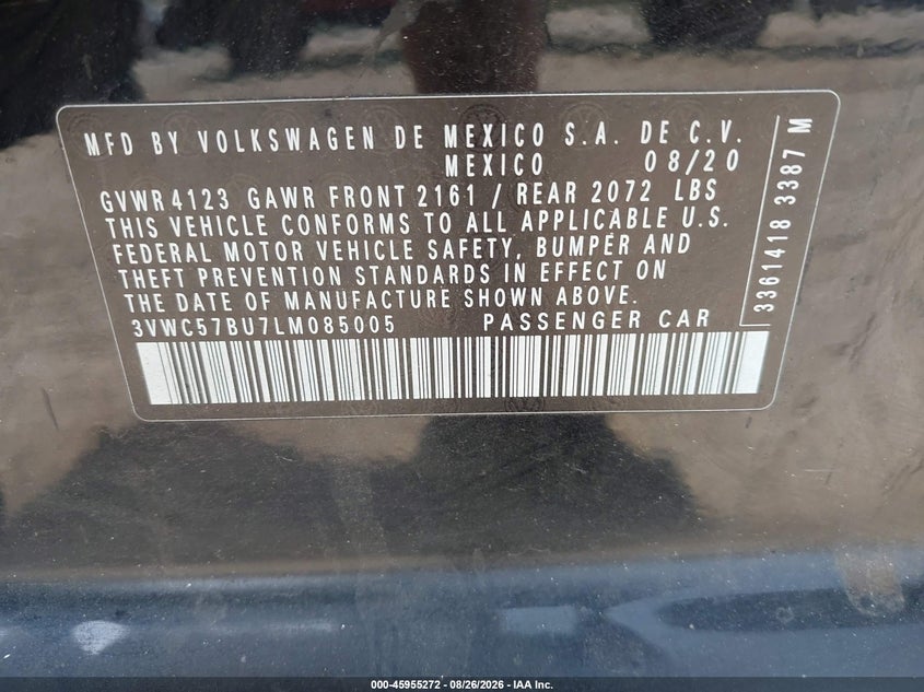 VOLKSWAGEN JETTA 2020 VIN 3VWC57BU7LM085005