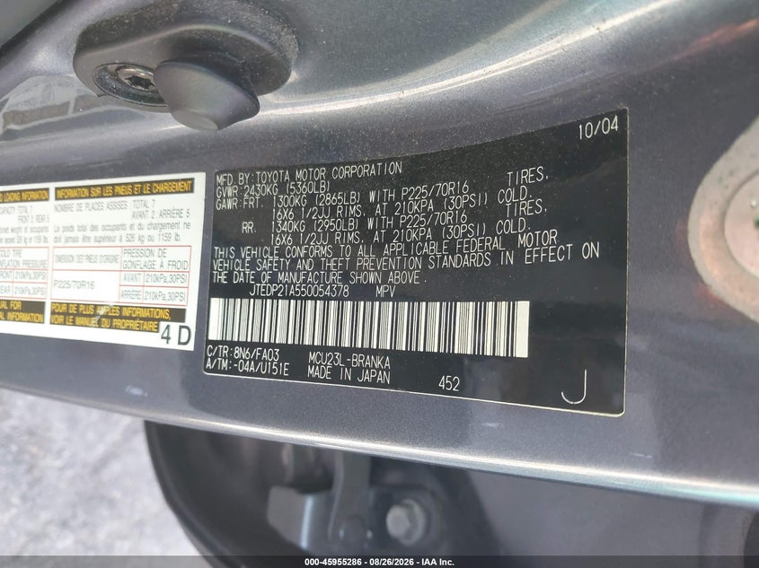 TOYOTA HIGHLANDER 2005 VIN JTEDP21A550054378