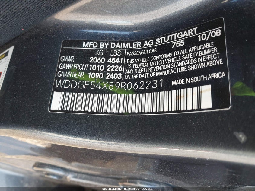MERCEDES-BENZ C 300 2009 VIN WDDGF54X89R062231
