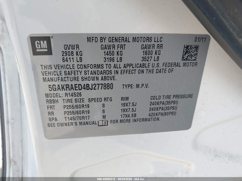 BUICK ENCLAVE 2011 VIN 5GAKRAED4BJ277880