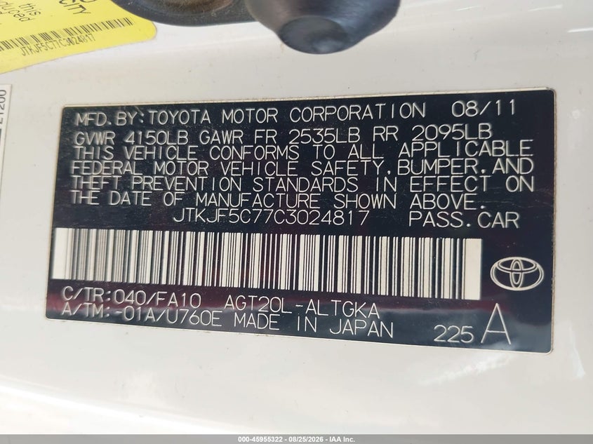 SCION TC 2012 VIN JTKJF5C77C3024817