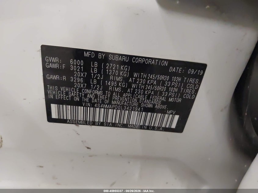 SUBARU ASCENT 2020 VIN 4S4WMAPD0L3421941