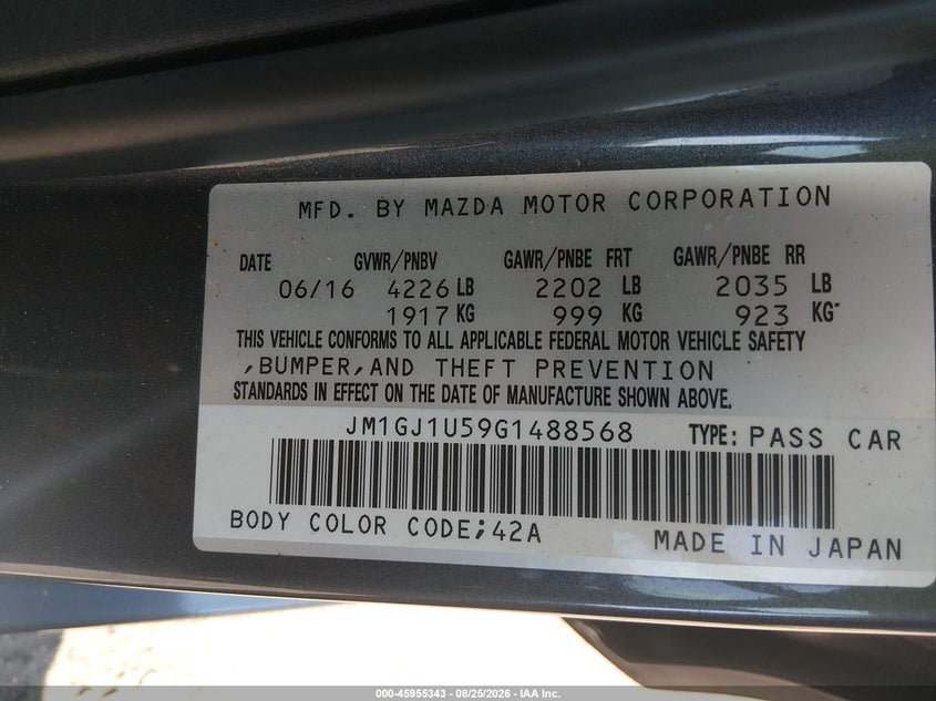 MAZDA MAZDA6 2016 VIN JM1GJ1U59G1488568