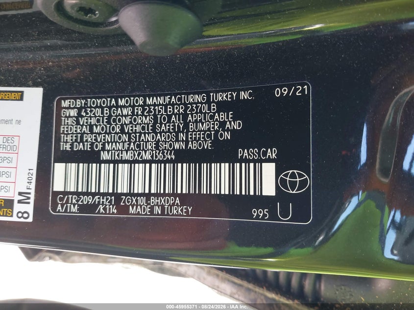 TOYOTA C-HR 2021 VIN NMTKHMBX2MR136344