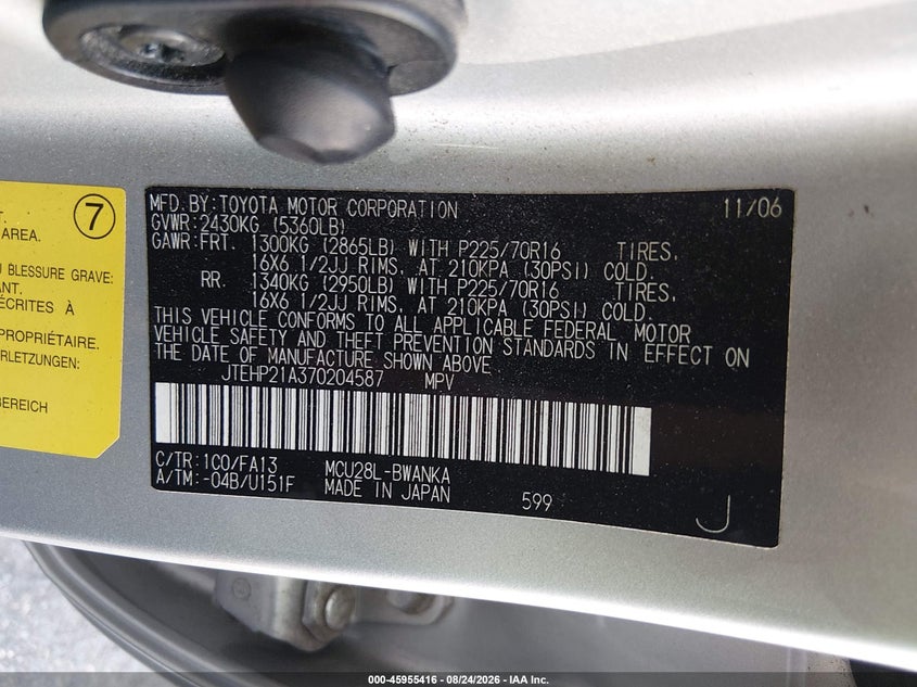 2007 TOYOTA HIGHLANDER SPORT UTILITY VEHICLE 3.3L V-6 DOHC, VVT, 215HP
