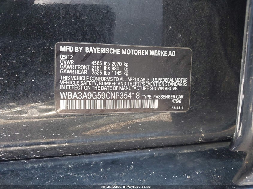 BMW 335I 2012 VIN WBA3A9G59CNP35418