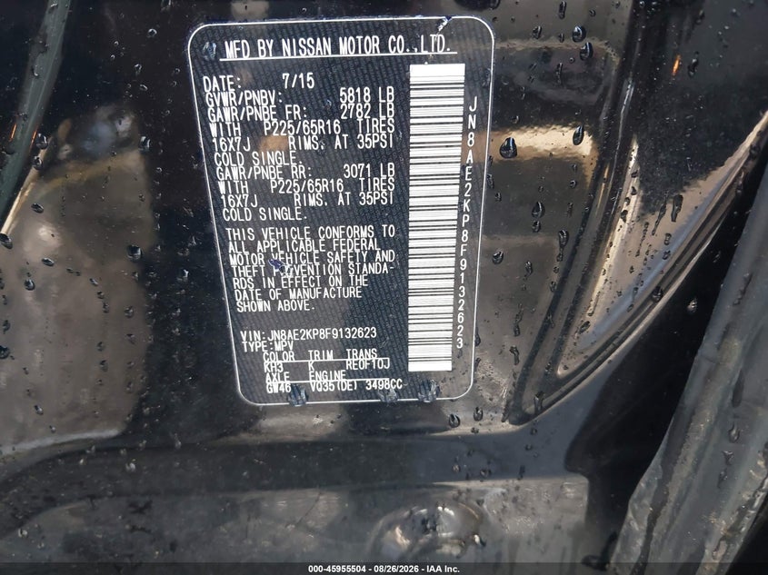 NISSAN QUEST 2015 VIN JN8AE2KP8F9132623