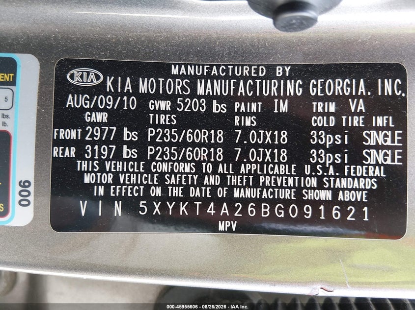 KIA SORENTO 2011 VIN 5XYKT4A26BG091621