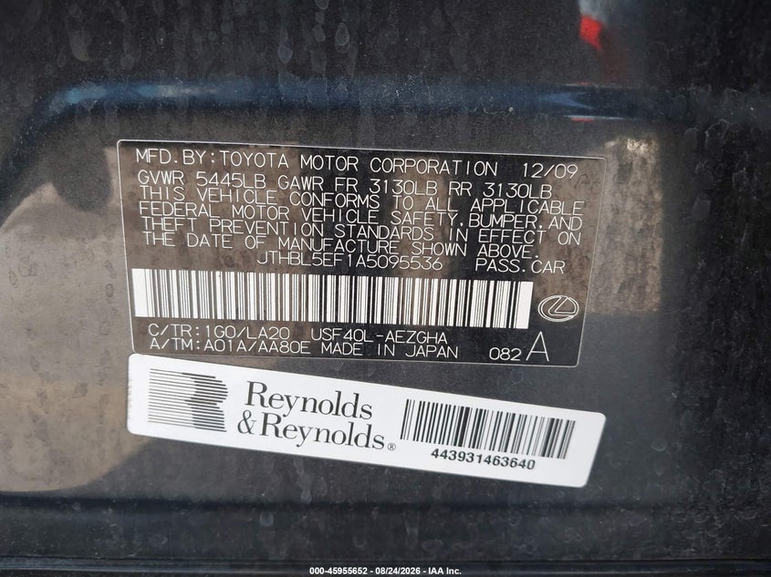 LEXUS LS 460 2010 VIN JTHBL5EF1A5095536