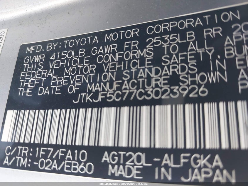 SCION TC 2012 VIN JTKJF5C77C3023926