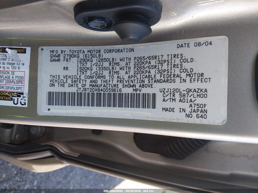 2004 LEXUS GX SPORT UTILITY VEHICLE 4.7L V-8 DOHC, PREMIUM , 235HP