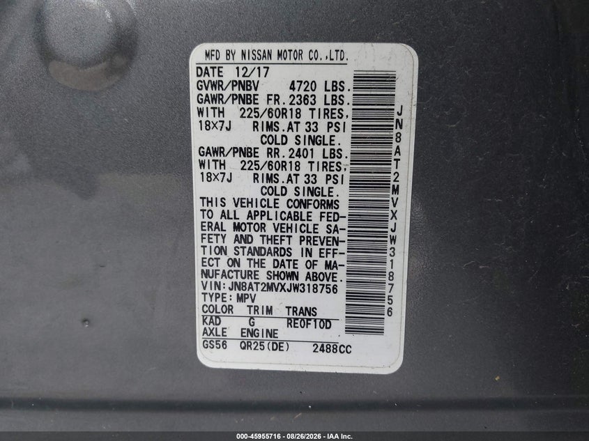 NISSAN ROGUE 2018 VIN JN8AT2MVXJW318756